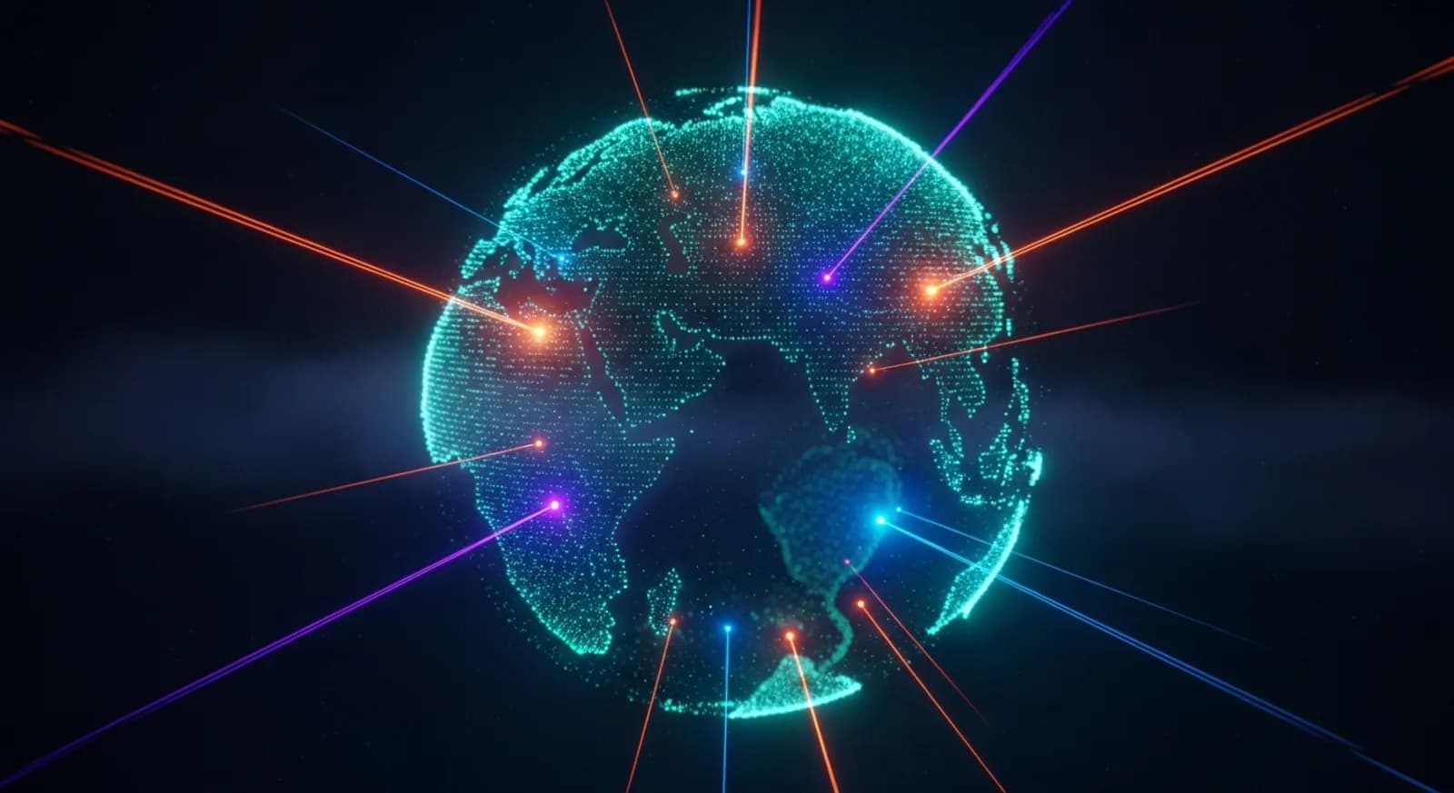 AI answer engines connected to a central domain via luminous data threads
